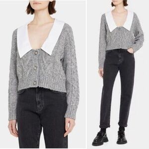 NWOT GANNI Chunky Cable Knit Light Gray Cardigan with White Large Collar Kpop